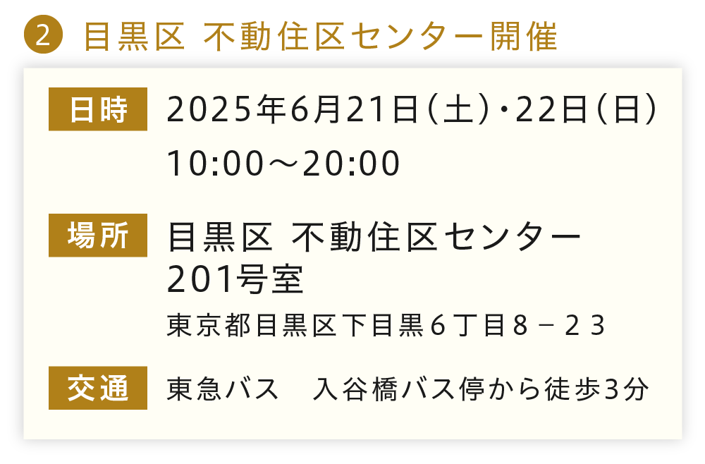 2025年6月21日、22日10:00〜20:00、場所は目黒区 不動住区センター201号室。住所は東京都目黒区下目黒6丁目7-23。